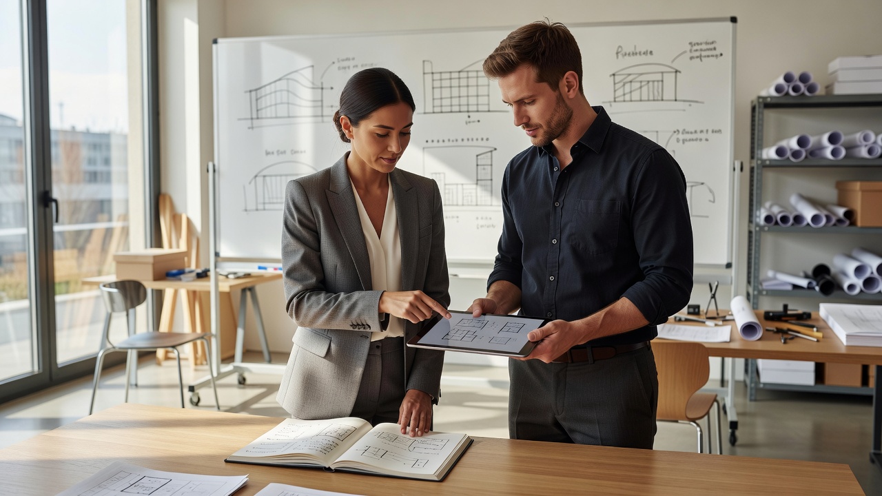 Two colleagues reviewing an architectural decision record on a tablet and notebook in a bright studio