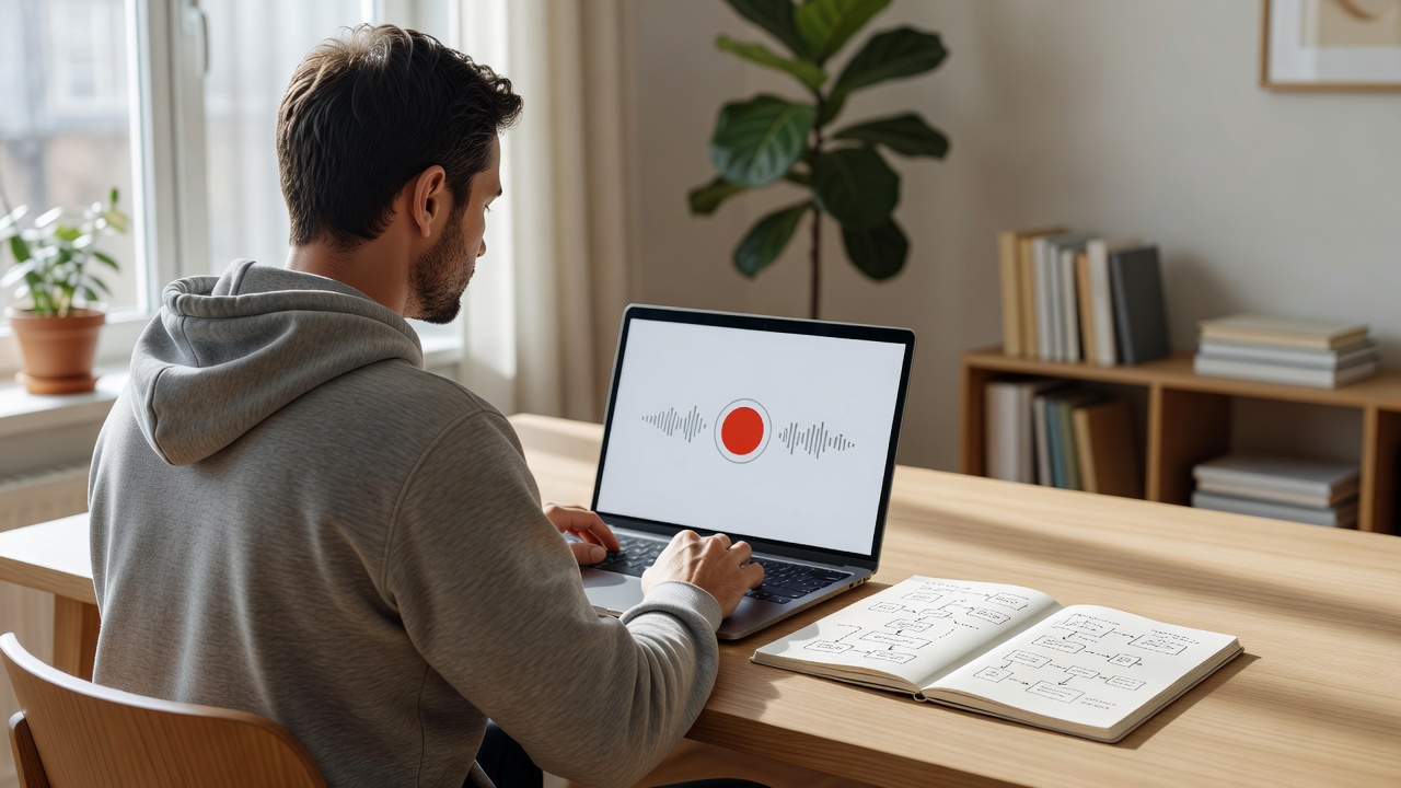 Product manager recording a structured asynchronous walkthrough on a laptop in a quiet daylight workspace